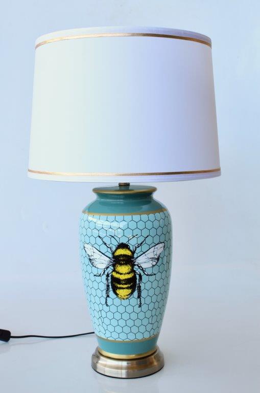BLUE HONEY COMB BEE LAMP BASE WHITE SHADE GOLD TRIM  68X40CM